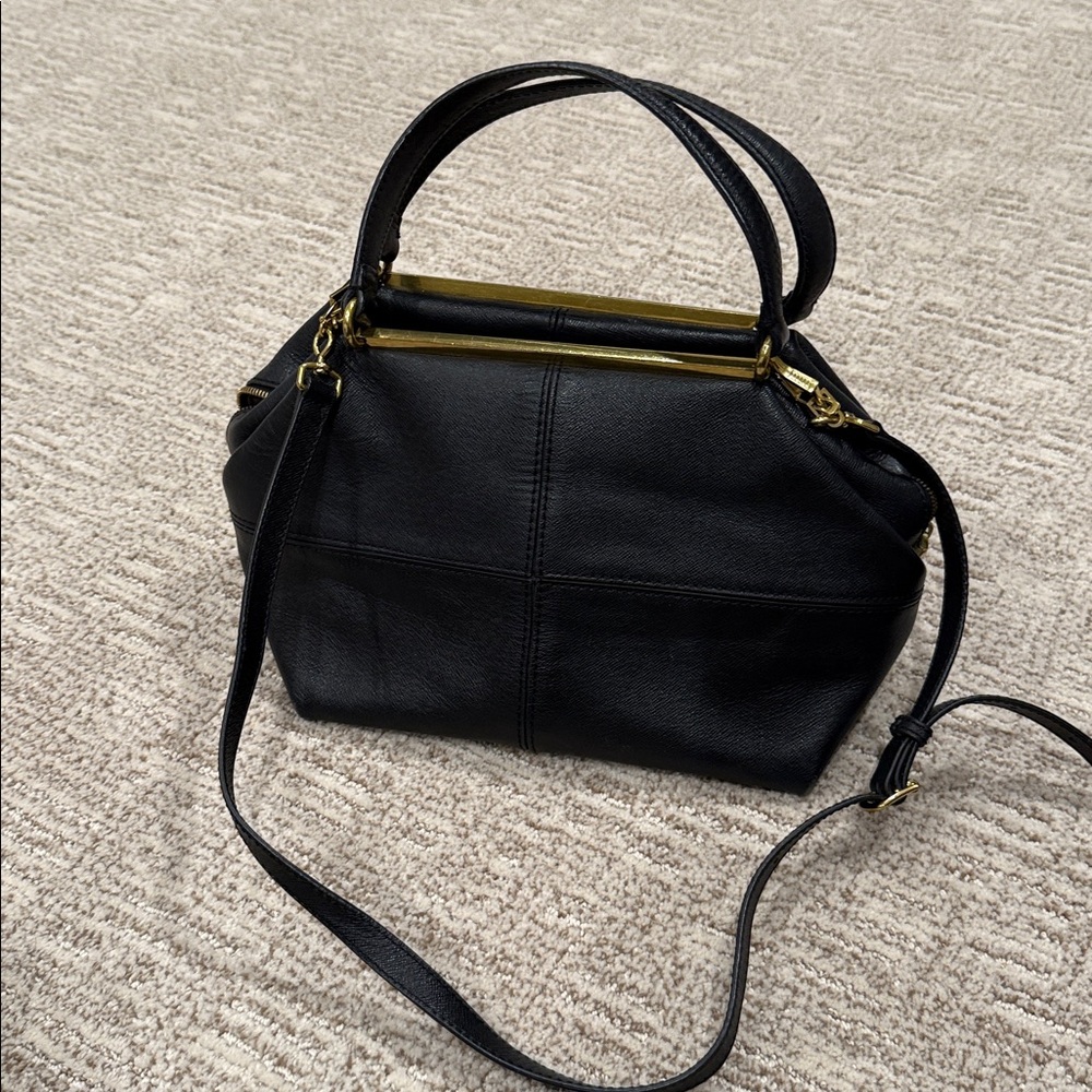 J. Crew Black Leather Bag with Gold Zipper